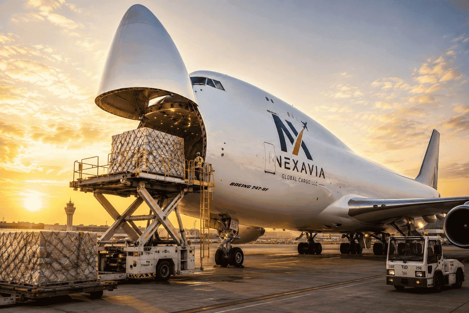 Cargo aircraft being loaded at Dubai airport